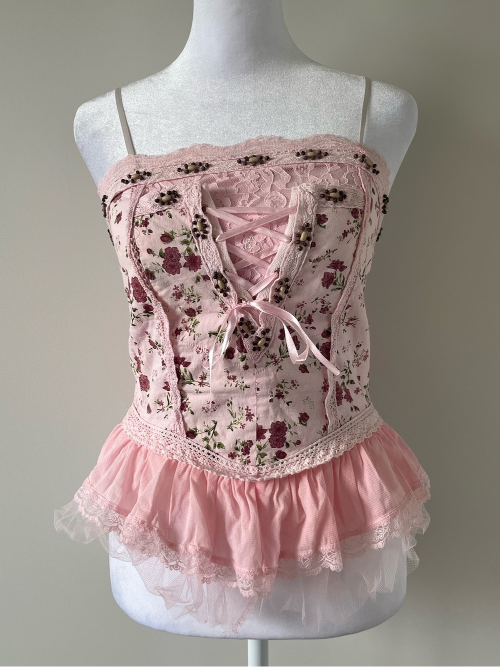 Y2K Baby Pink Lace Corset Camisole